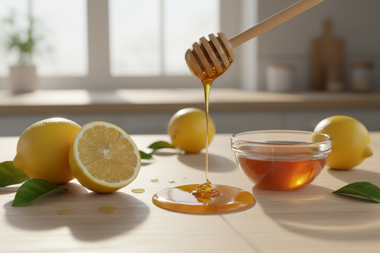 “A high-resolution 9:16 vertical scene of fresh lemons and golden honey on a clean wooden table. One lemon is cut in half, showing bright juicy texture. Beside it, a small glass bowl of honey with a honey dipper dripping a smooth line of honey onto the table. Soft natural daylight from the side, warm reflections, gentle shadows. Background softly blurred for depth. Composition wide and centered so nothing gets cropped on mobile. Premium, minimalistic, ultra-realistic commercial style.”