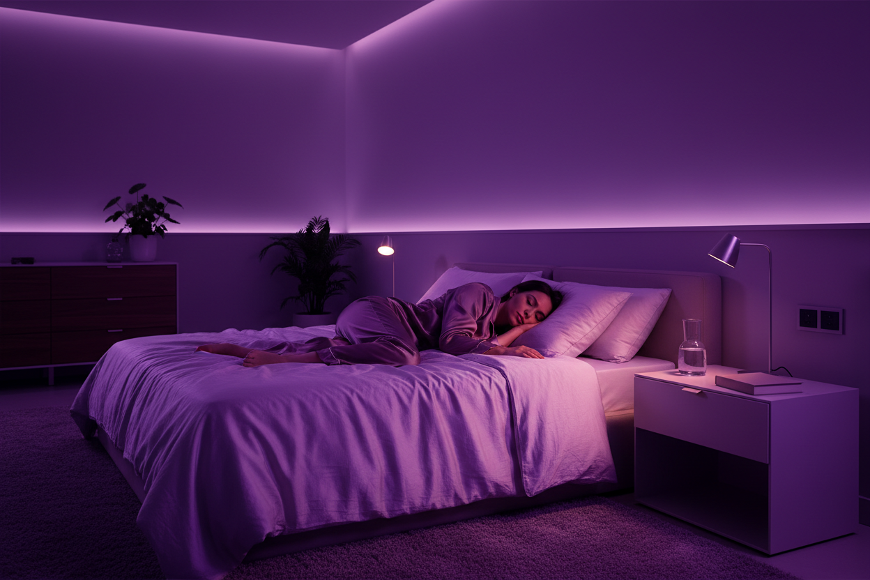 A realistic scene of a person sleeping peacefully in a bedroom illuminated by soft purple light. The entire atmosphere should have a calm, dreamy purple glow. The person is wearing full purple sleepwear, matching the tone of the room. The lighting should be cinematic, with gentle shadows on the wall and subtle reflections on the bed sheets. Include a bed with rumpled lavender blankets and a purple pillow. The background should show minimal modern furniture, a small bedside lamp emitting violet light, and sm