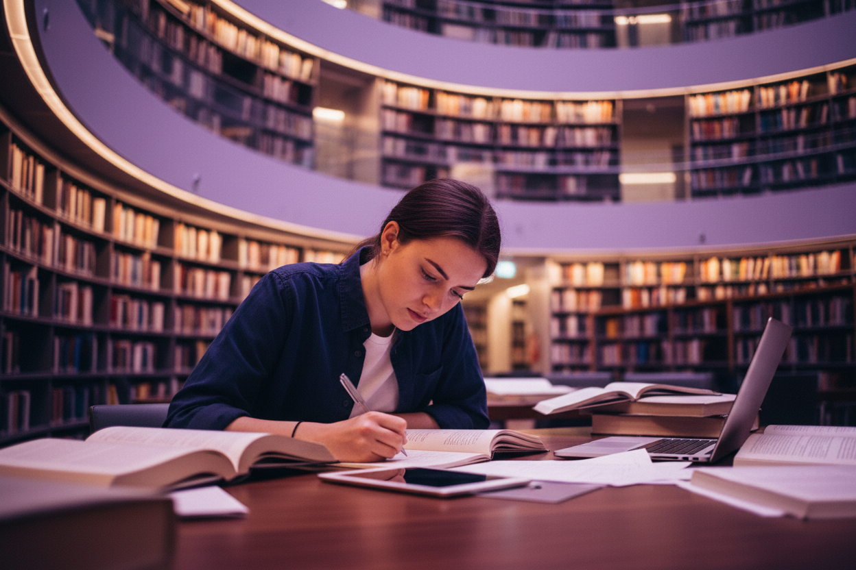 A student studying at a wooden table inside a modern library, surrounded by bookshelves. Soft purple ambient lighting creating a calm, focused atmosphere. Subtle highlights on the books and face, concentrated expression while taking notes. Cinematic depth of field, ultra-realistic textures, professional studio look. Shot in Sony A7S style, 4K resolution, 9:16.