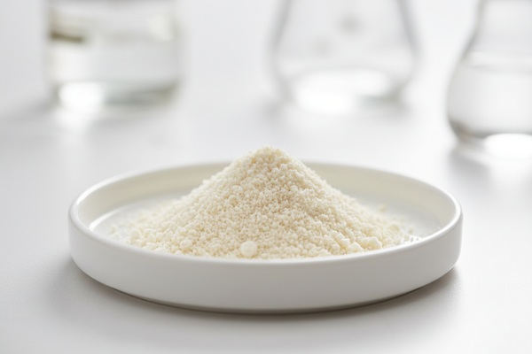 Create a high-quality ingredient photo of lyophilized royal jelly powder.
Display a fine off-white or pale cream powder on a clean dish in a bright, clinical setting.
Soft shadows, macro texture detail, no honey or honeycomb — only the purified royal jelly powder.
Premium wellness photography.