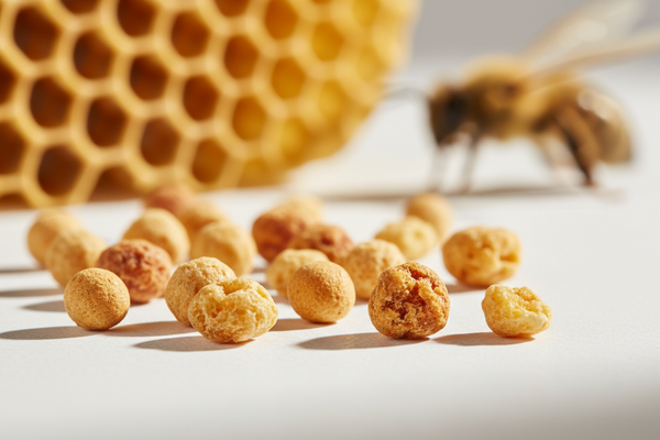 Create a hyper-realistic ingredient photo of freeze-dried bee bread.
Show small golden-brown granules or pellets with a slightly waxy texture on a clean surface.
Include a honeycomb or blurred bee-related element in the background to indicate natural origin.
Soft warm lighting, macro details, premium botanical–nutritional aesthetic.