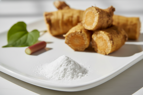 Create a hyper-realistic ingredient photo of Japanese Knotweed Extract (98% Resveratrol).
Show a small pile of pure white, ultra-fine powder on a clean surface, representing the purified 98% resveratrol.
Place a few pieces of Japanese Knotweed root in the background — thick, woody yellow-brown roots cut open to show the ochre interior.
Optional: a leaf or small stalk of the Japanese Knotweed plant to indicate origin.
Premium, clinical, botanical ingredient photography with soft shadows and macro texture det