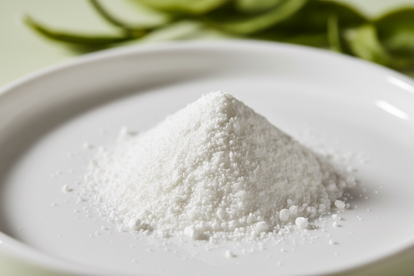 Create a hyper-realistic ingredient photo of L-Theanine.
Show fine white pharmaceutical-grade powder on a clean surface, with subtle green tea leaves out of focus in the background to represent its natural origin.
Use a soft botanical–scientific aesthetic with high detail and soft lighting.