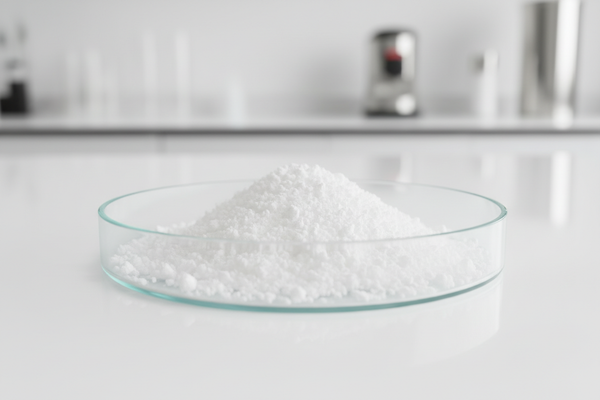 Create a hyper-realistic ingredient photo of pharmaceutical-grade L-Arginine HCl powder.
Show a fine, pure white crystalline powder on a clean glass dish in a clinical lab setting.
Soft shadows, macro texture, no plants, no capsules.