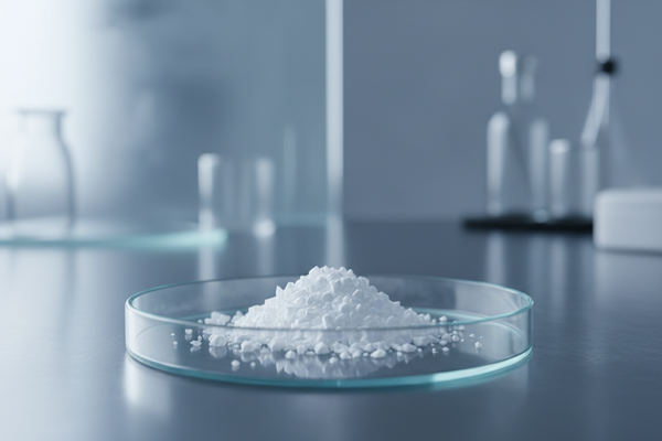 Create a hyper-realistic ingredient photo representing Melatonin.
Show a small amount of pure white crystalline powder on a clean glass dish in a minimal clinical laboratory setting.
Soft cold lighting, macro detail, pharmaceutical aesthetic.
No plants, no capsules — just the purified compound.