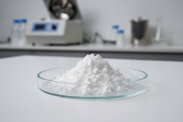 Create a hyper-realistic product ingredient photo showing pharmaceutical-grade NAD+ powder.
Display a small amount of ultra-fine white crystalline powder on a clean glass dish, in a clinical laboratory setting.
Soft shadows, high clarity, macro texture detail, no plants or natural sources — NAD+ is a synthesized coenzyme, so the image must reflect a scientific and lab-grade appearance.