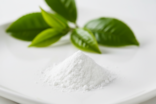 Create a premium ingredient photo of Natural Caffeine extracted from green tea.
Display a small amount of pure white caffeine powder with a few green tea leaves softly blurred in the background.
Clean, bright, scientific ingredient photography with gentle shadows and macro details.
