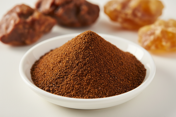 Create a realistic ingredient photo of propolis extract powder.
Show a fine dark-brown or amber-brown powder with a few raw propolis chunks or resin pieces blurred in the background.
Natural, warm-toned lighting with a clean, scientific aesthetic.