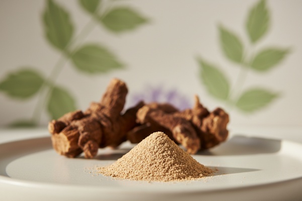 Create a realistic ingredient photo of Valerian Root Extract.
Display a small pile of light brown/tan herbal extract powder with a few pieces of valerian root blurred in the background.
Natural, botanical, calming aesthetic with soft warm lighting.